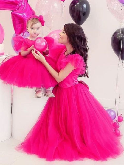 Elegant Mother Daughter Puffy Sleeve Tulle Dresses childrensterritory