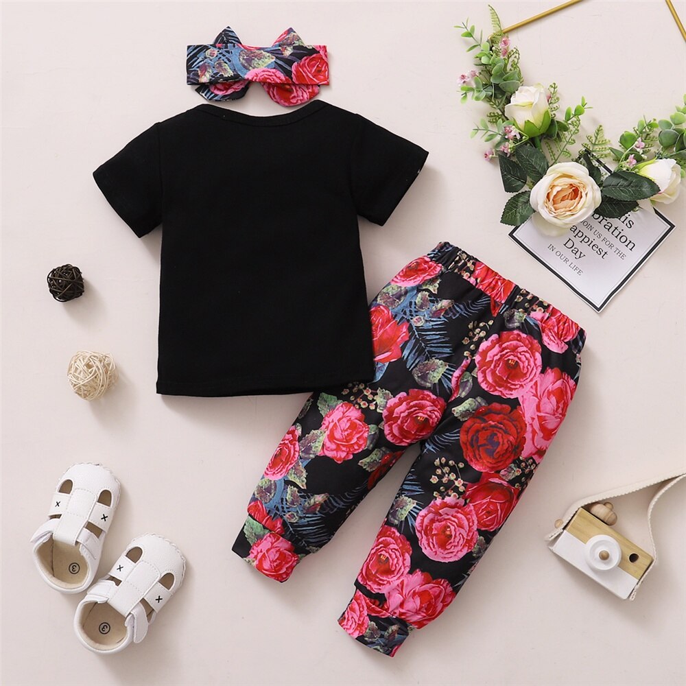 Letters &amp; Floral Print Toddler Girl 3PCS Outfit Set childrensterritory
