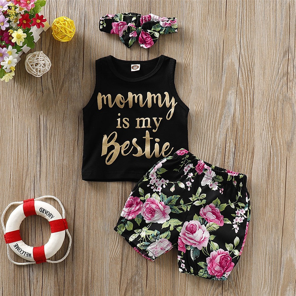 Baby Girl Letter Printed Vest+Floral Shorts 3PCS Outfit Set childrensterritory