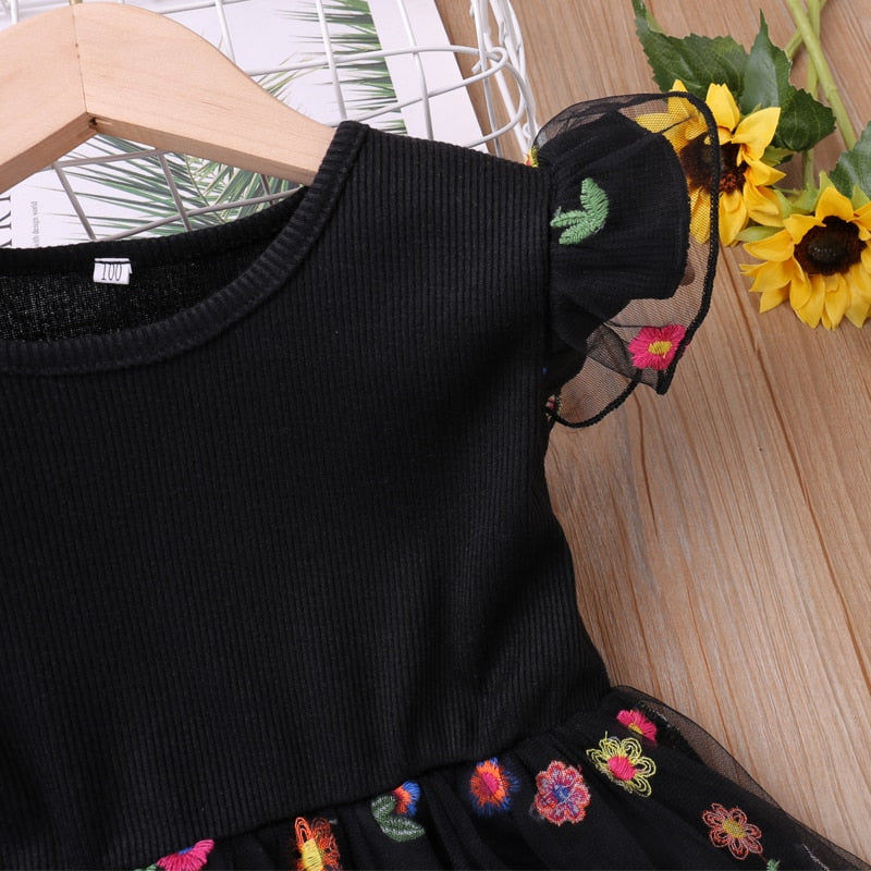 Kids Girls Floral Mesh Dress with Flying Sleeves childrensterritory