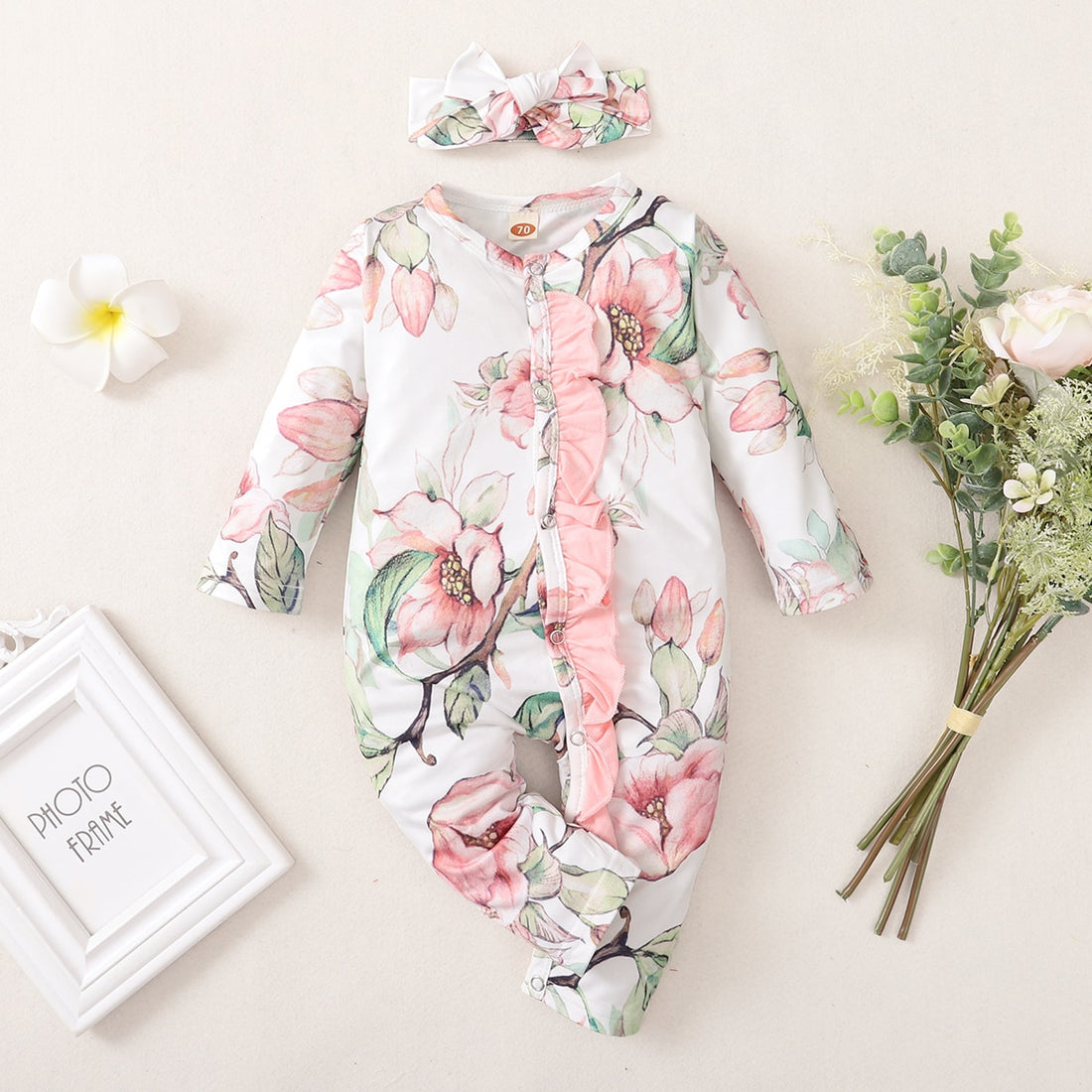 Baby Girl Floral Bodysuit with Bow-knot Headband childrensterritory