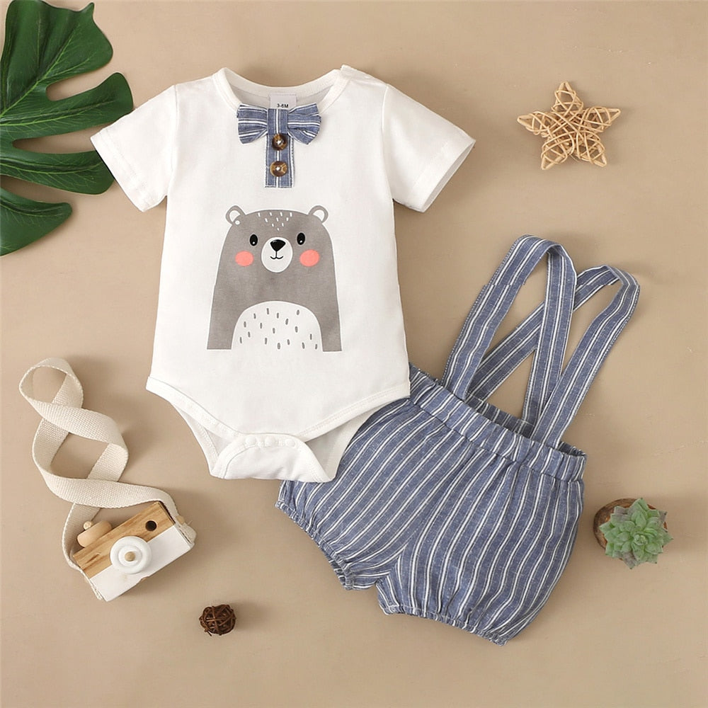 Baby Boy Cartoon Bodysuit with Striped Shorts Clothes Set childrensterritory