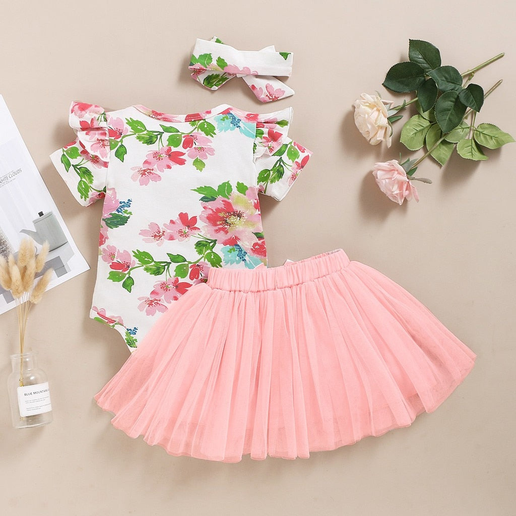 3PCS Baby Girls Floral Romper &amp; Skirt Princess Outfit Set childrensterritory