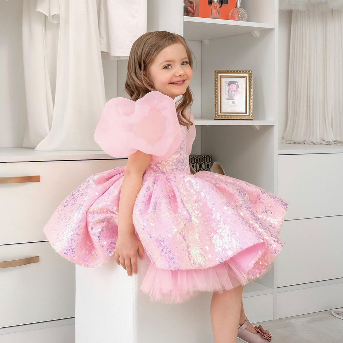 Shiny Handmade Flower Girl Party Dress with Puff Sleeves childrensterritory