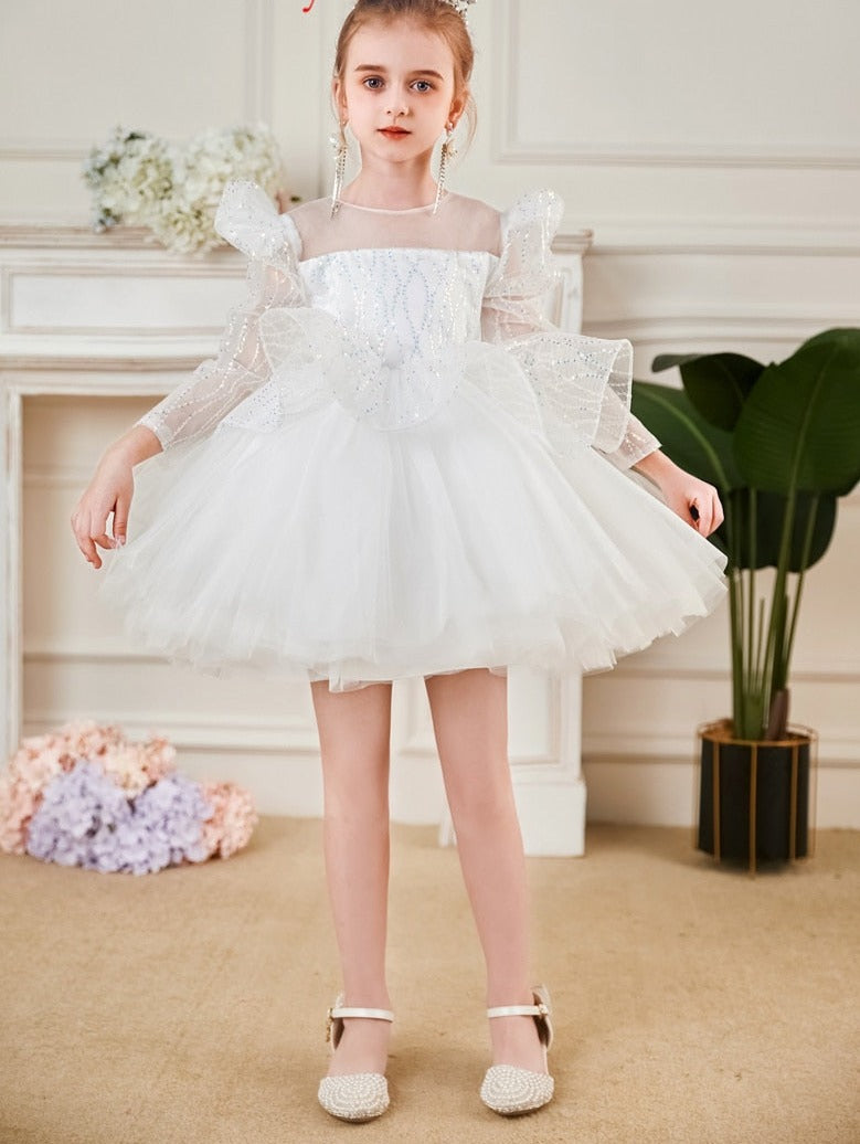 Elegant Sequin White Puffy Wedding Party Dress for Girls childrensterritory