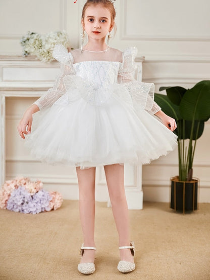 Elegant Sequin White Puffy Wedding Party Dress for Girls childrensterritory