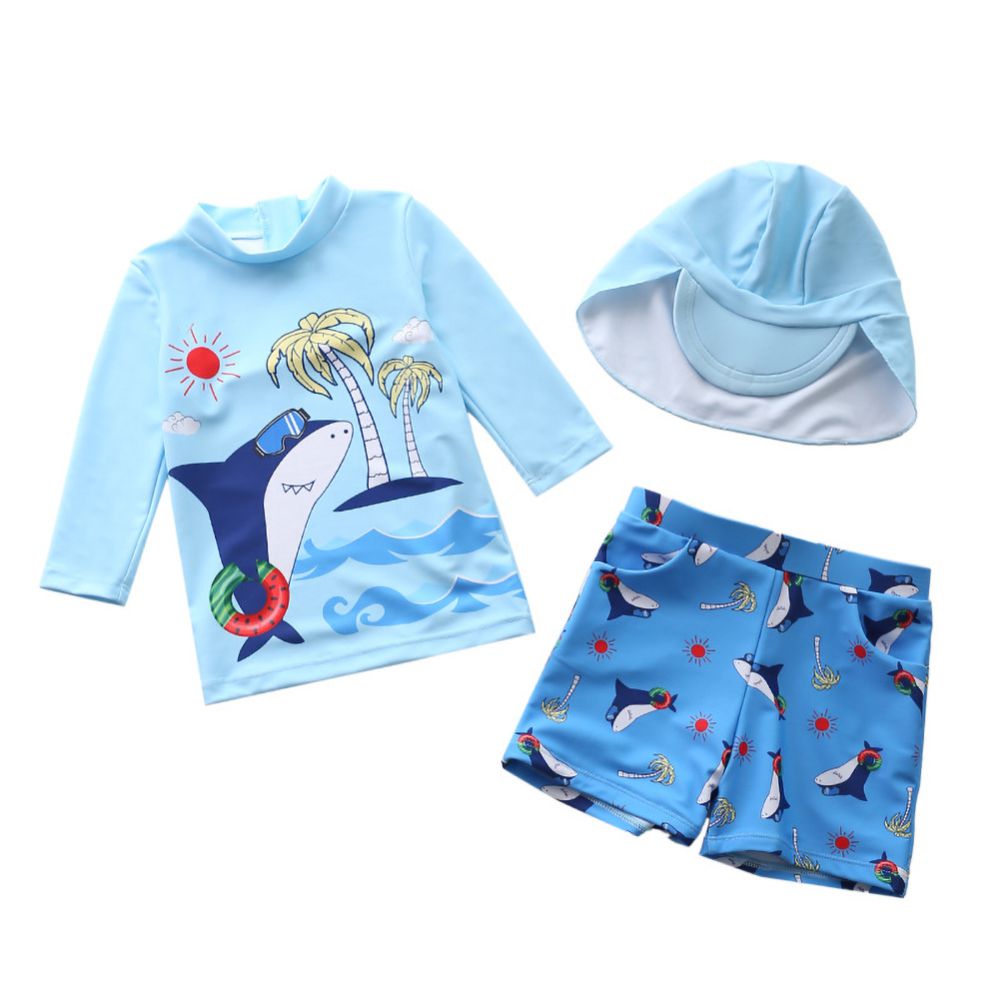 Kids Boys Cartoon Print 3pcs Surfing Beachwear With Cap childrensterritory