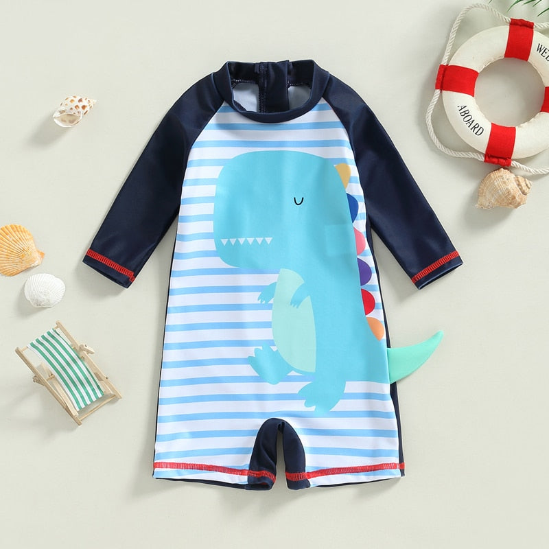 Dinosaur and Stripes Print Kid Romper Swimsuit for Unisex childrensterritory