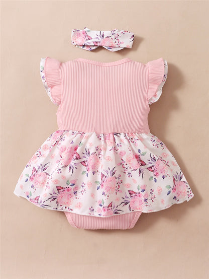 Baby Girl 2Pcs Floral Romper Dress with Headband childrensterritory