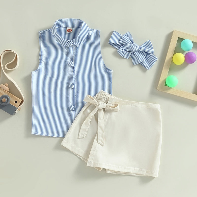 Kids Girls Striped Vest and Tie-up Shorts Set for Summer childrensterritory