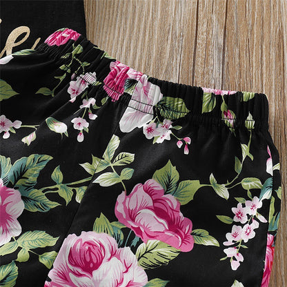 Baby Girl Letter Printed Vest+Floral Shorts 3PCS Outfit Set childrensterritory