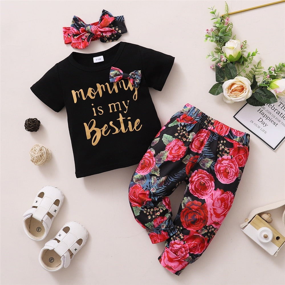 Letters & Floral Print Toddler Girl 3PCS Outfit Set childrensterritory