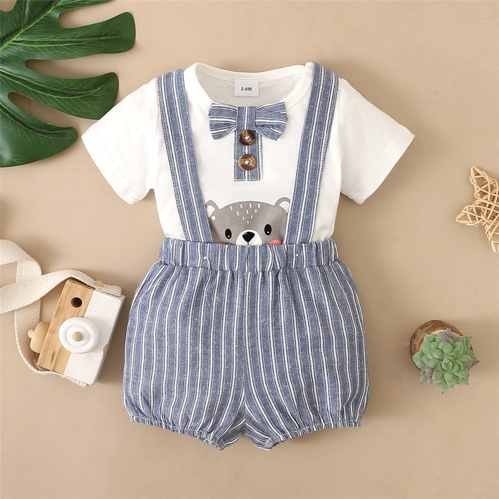 Baby Boy Cartoon Bodysuit with Striped Shorts Clothes Set childrensterritory