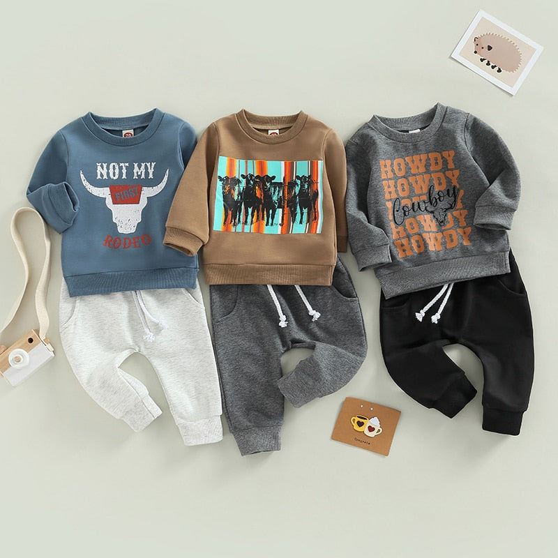 Letter Cow Print Baby Boy Sweatshirt and Trousers Set childrensterritory