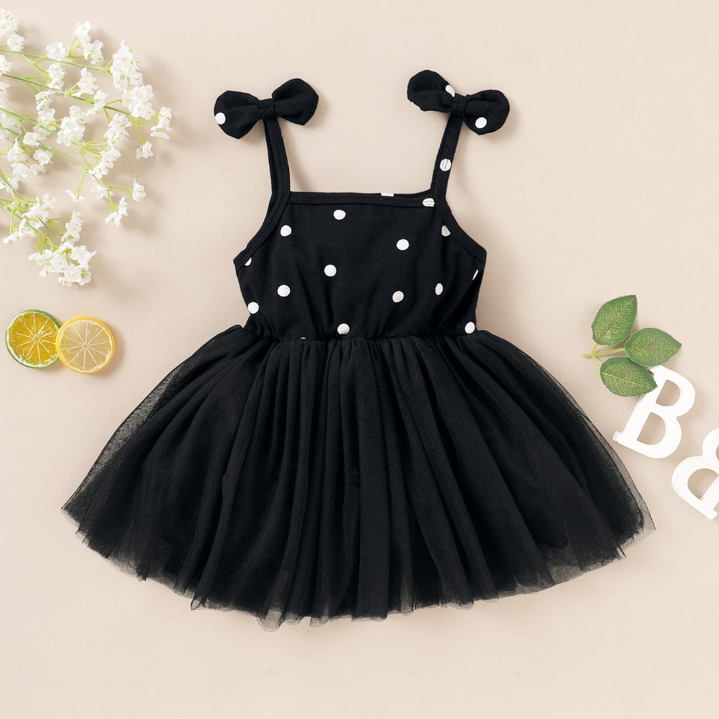 Toddler Girl White Dot Print Mesh Hem Dress childrensterritory