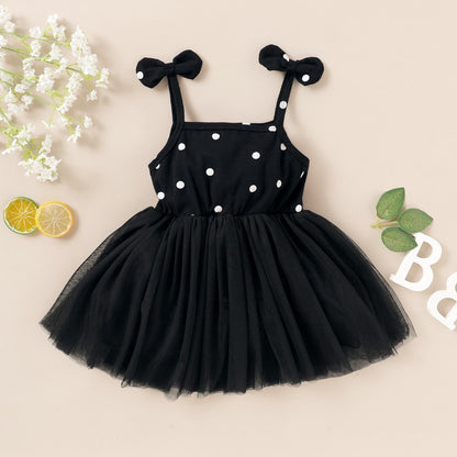 Toddler Girl White Dot Print Mesh Hem Dress childrensterritory