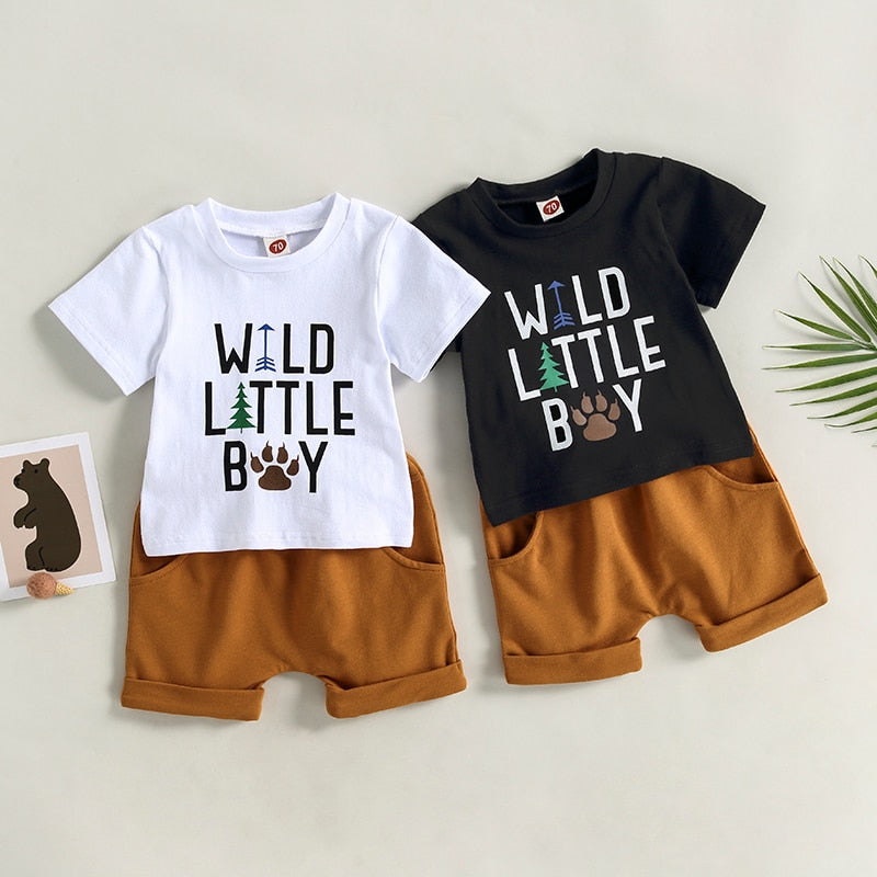 Toddler Boys Letter Print T-shirt Solid Drawstring Shorts Sets childrensterritory