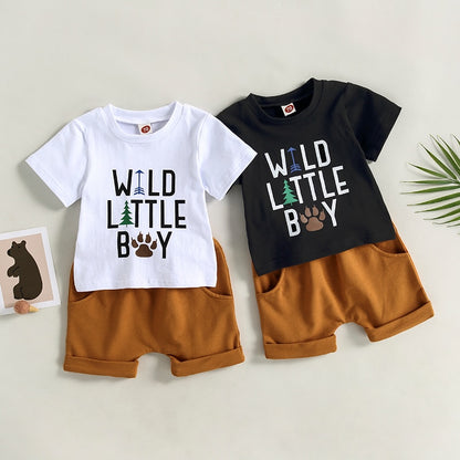 Toddler Boys Letter Print T-shirt Solid Drawstring Shorts Sets childrensterritory
