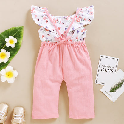 Toddler Girl Floral Short Top + Suspender Pant 2PCS Outfit childrensterritory