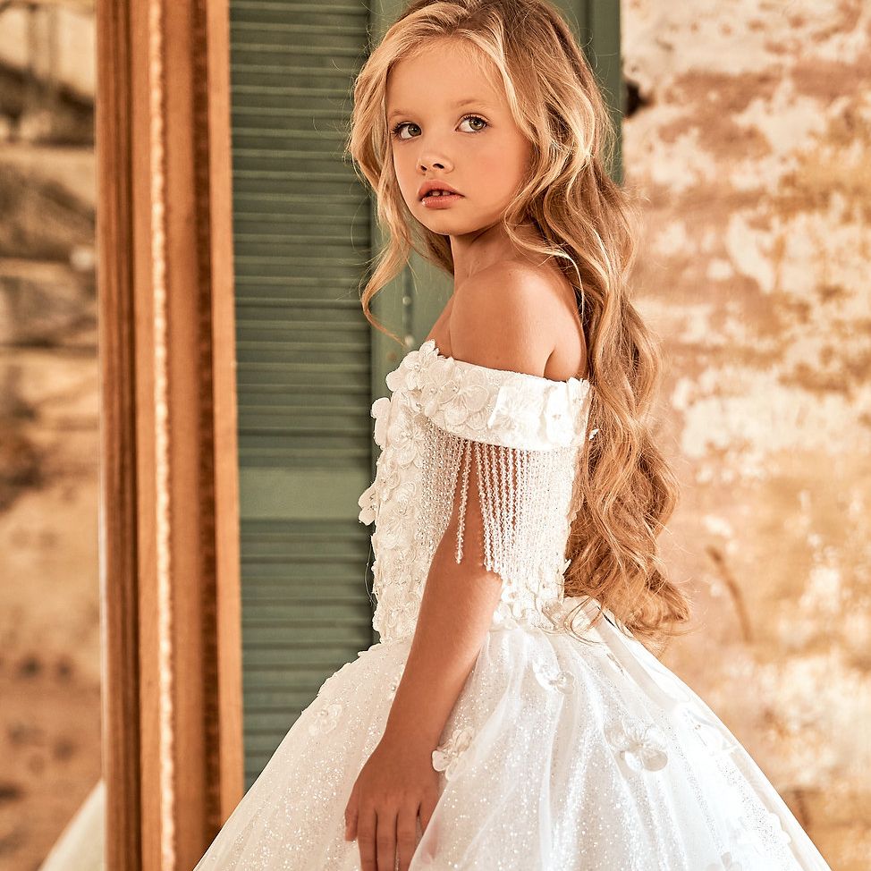 Floral Off Shoulder Kid Girl Baptism Gown with Crystals Tassel childrensterritory