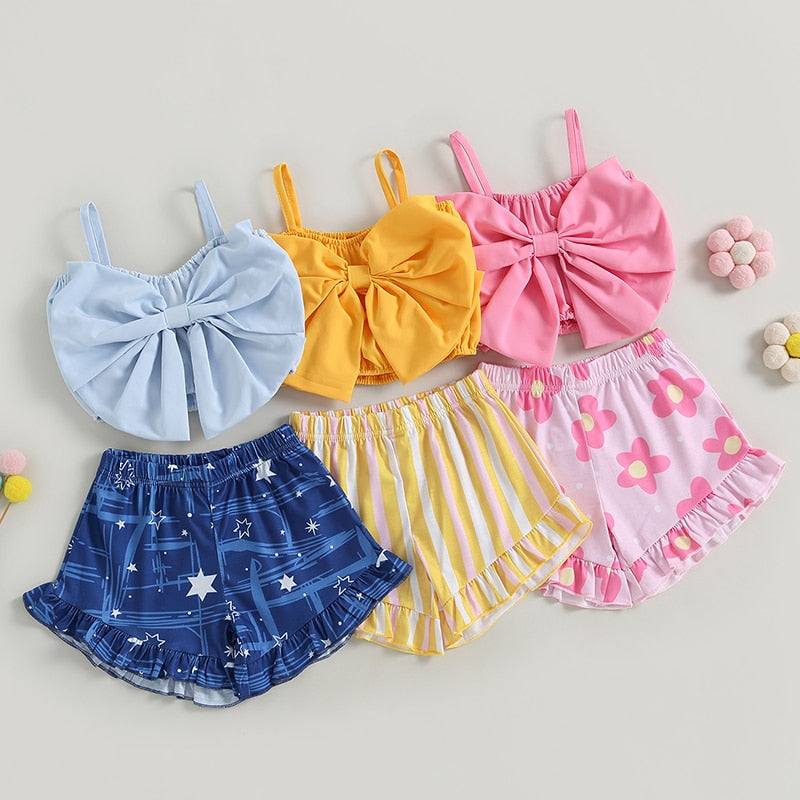 Kids Girl 2Pcs Big Bow Vest Top and Striped Floral Shorts Outfit childrensterritory