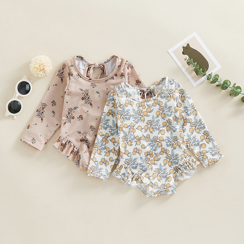 Floral Print Long Sleeve Kid Girl Beachwear Swimsuit childrensterritory