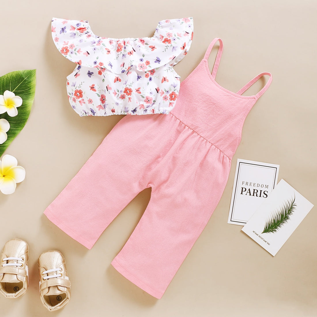 Toddler Girl Floral Short Top + Suspender Pant 2PCS Outfit childrensterritory