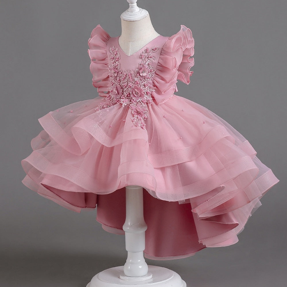 Lace Flower Embroidery Fluffy Mesh Trailing Girls Party Dresses childrensterritory