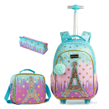 Kids Girls Eiffel Tower Sequins 3Pcs Wheeled School Backpack Set childrensterritory