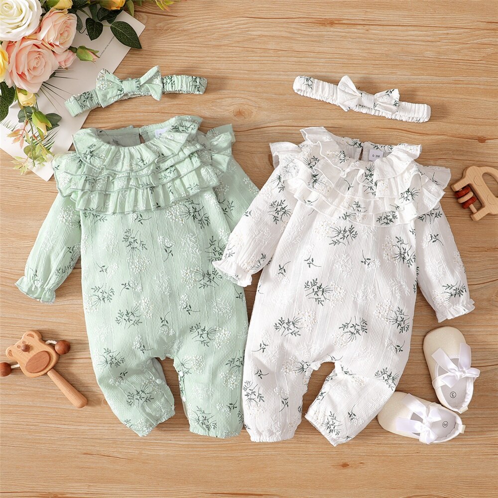 Leaf Print Long Sleeve Baby Girl Romper with Headband childrensterritory