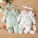 Leaf Print Long Sleeve Baby Girl Romper with Headband childrensterritory