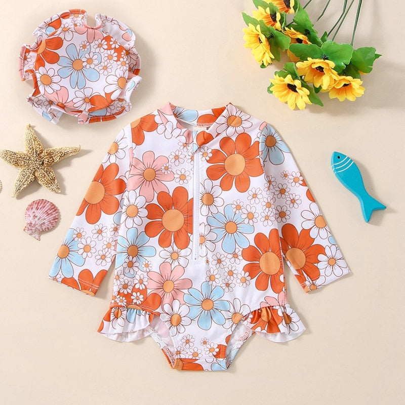Infant Girl Flower Print Zipper Bikini/Swimwear with Cap childrensterritory