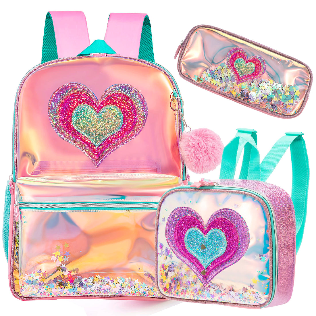 Sequin Heart and Star Design School Backpack Set for Girls childrensterritory