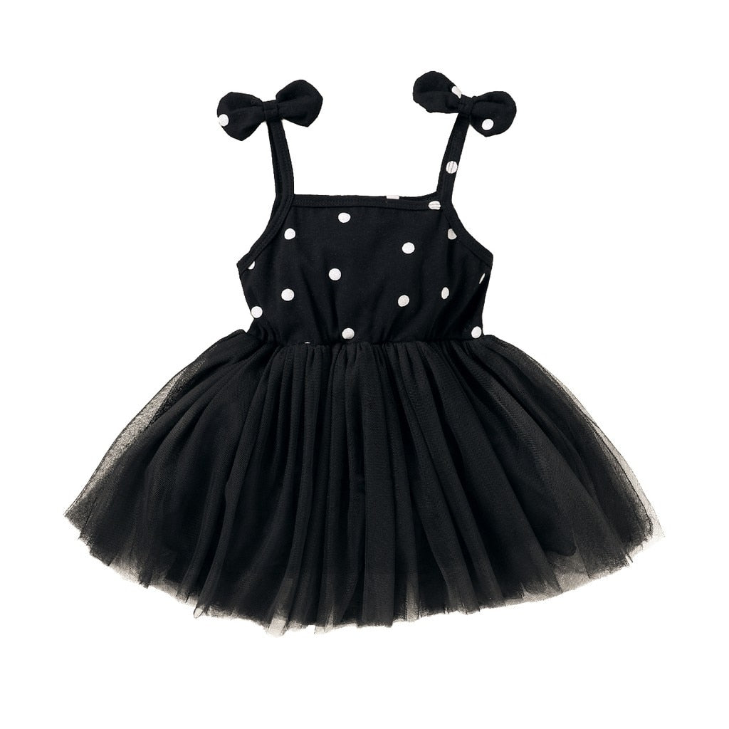 Toddler Girl White Dot Print Mesh Hem Dress childrensterritory