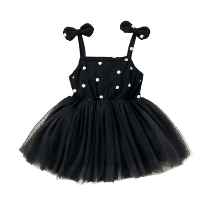 Toddler Girl White Dot Print Mesh Hem Dress childrensterritory