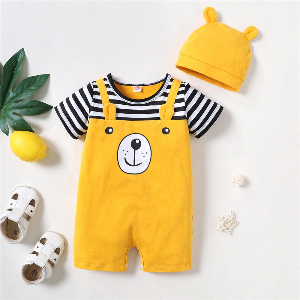 Bear Print Striped Baby Boy Bodysuit with Hat childrensterritory