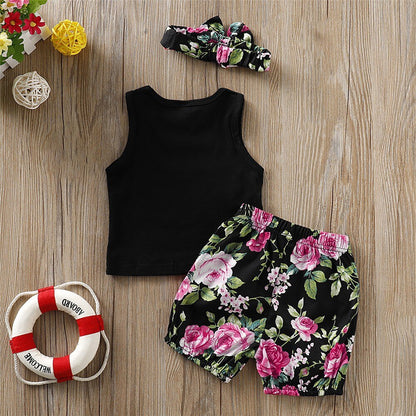 Baby Girl Letter Printed Vest+Floral Shorts 3PCS Outfit Set childrensterritory