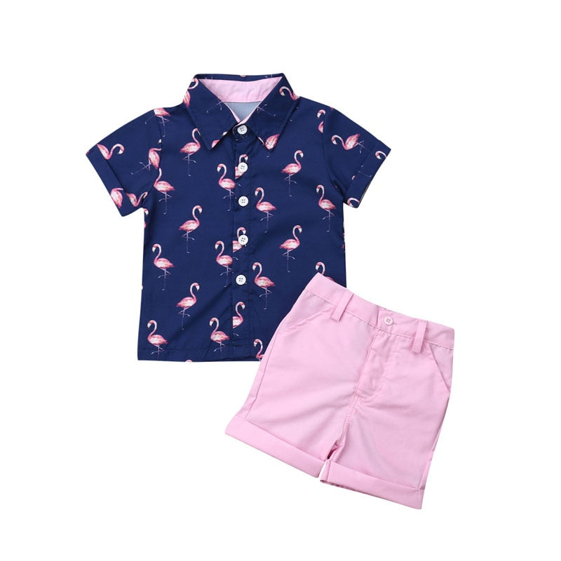Flamingo Print Kid Boy Party Suit Shirt and Solid Shorts Set childrensterritory