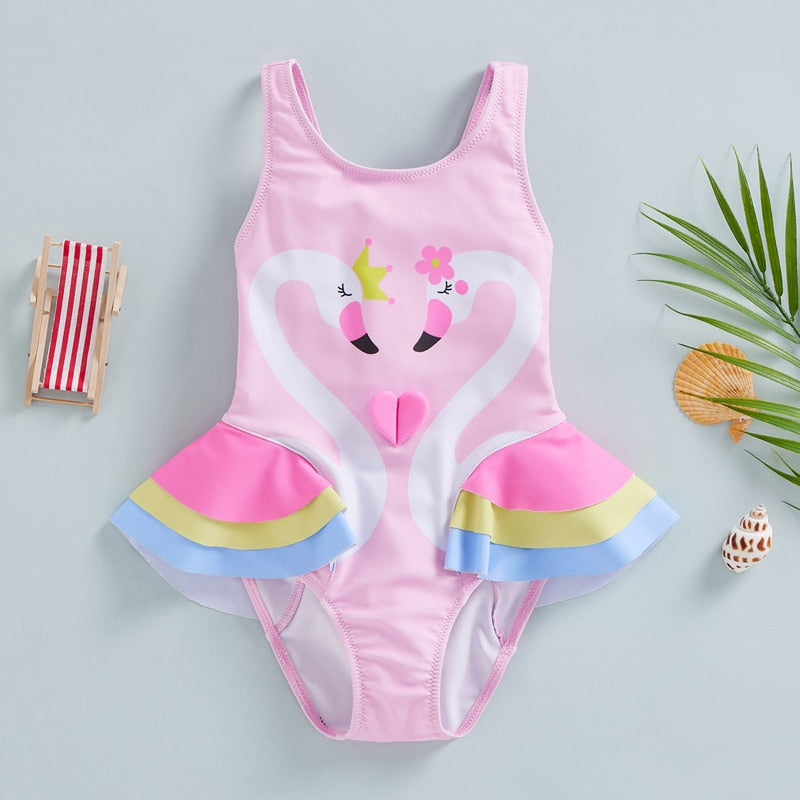 Swan Print Kid Girls Sleeveless Round Neck Beach Bodysuit childrensterritory