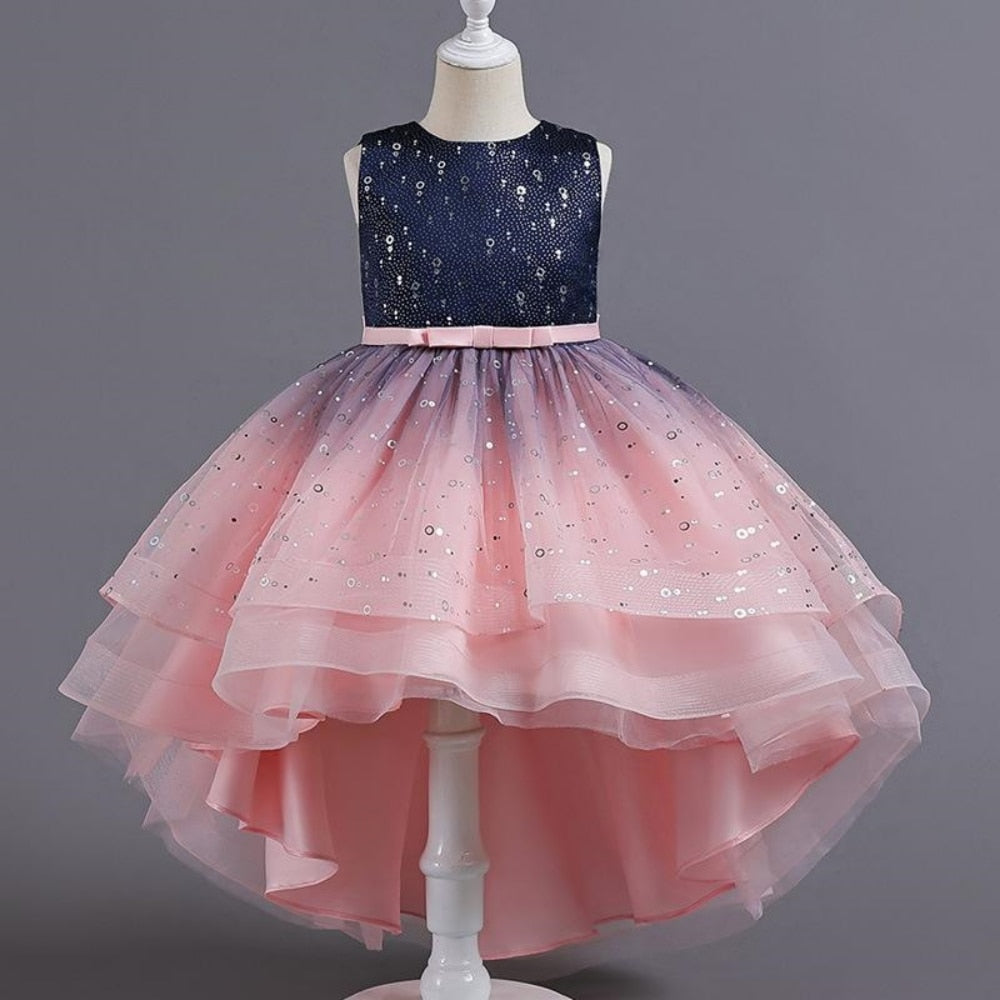 Gradient Sequin Kids Girls Fluffy Mesh Trailing Prom Dress childrensterritory