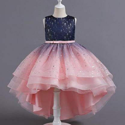 Gradient Sequin Kids Girls Fluffy Mesh Trailing Prom Dress childrensterritory