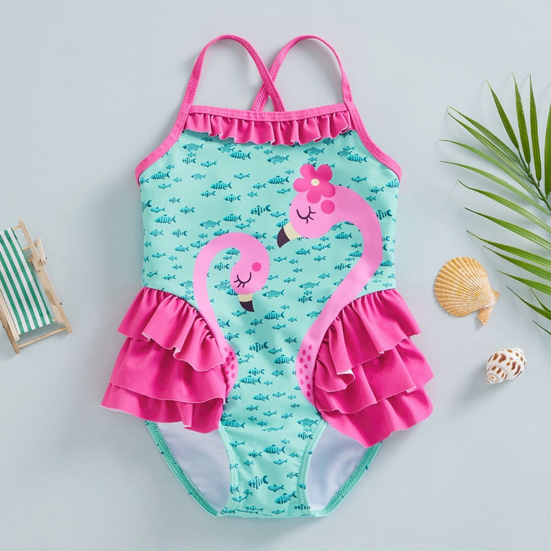 Flamingo and Little Fish Print Kids Girls Ruffle Swimsuit childrensterritory