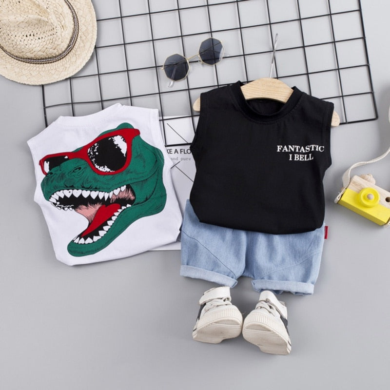 Baby Boy Letter and Dinosaur Print Vest Tops+Shorts 2PCS Set childrensterritory