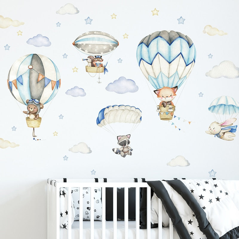 Watercolor Cartoon Hot Air Balloon Wall Decals for Kids&