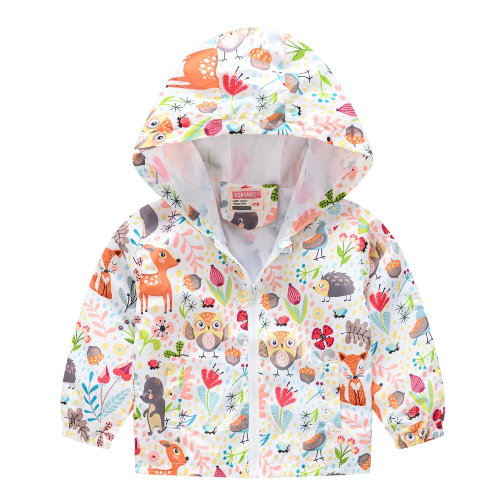 Kids Girls Colorful Cartoon Prints Windproof Hooded Jackets childrensterritory