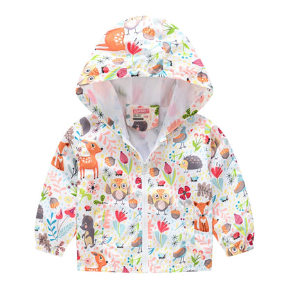 Kids Girls Colorful Cartoon Prints Windproof Hooded Jackets childrensterritory