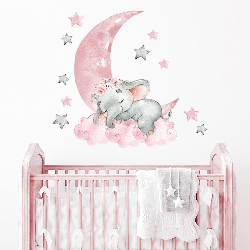 Pink Baby Elephant &amp; Stars Wall Stickers for Baby Girl&