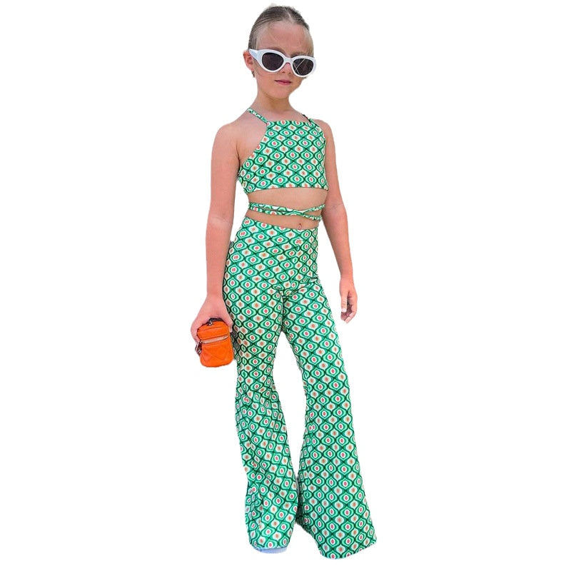 Kids Girls Sleeveless Belt Tops + Flared Pants Clothing Set childrensterritory