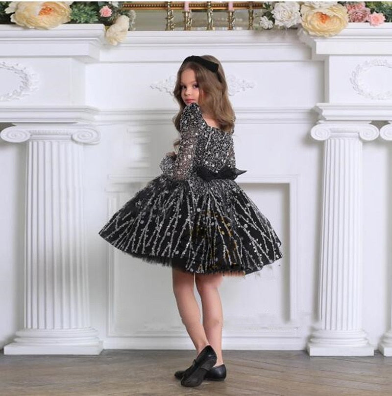 Kids Girls Layered Tulle Glitter Flower Dress with Big Bow childrensterritory