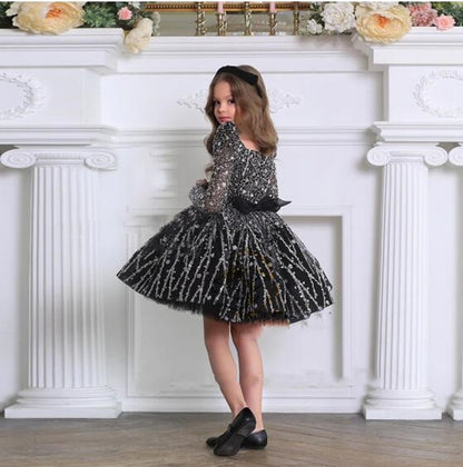 Kids Girls Layered Tulle Glitter Flower Dress with Big Bow childrensterritory